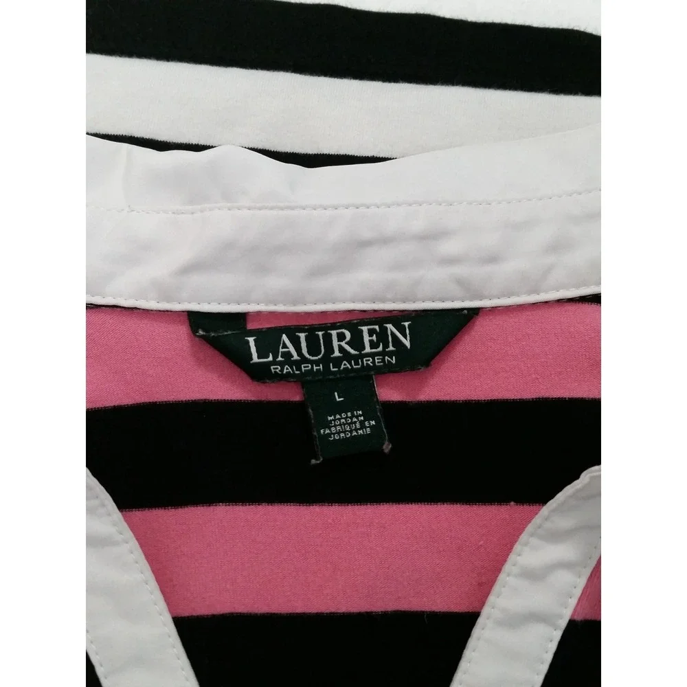 Women's Vintage Y2K Ralph Lauren Striped Polo Shirt Top Sz L Large Black Pink